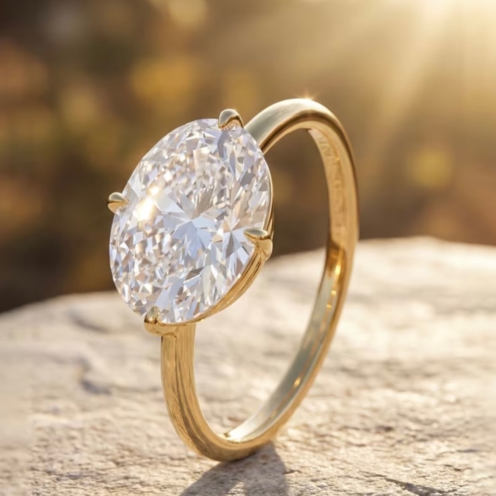Gold Solitaire Oval Moissanite Ring - 3CT
